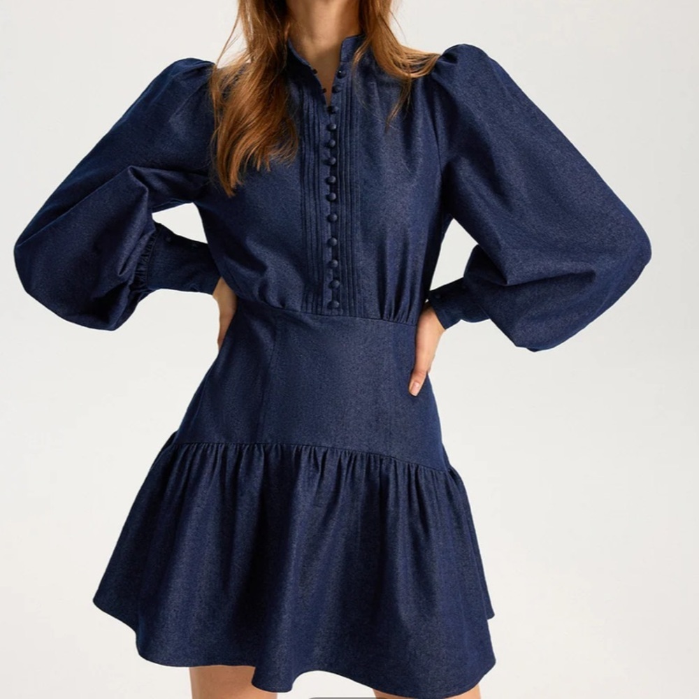 Commense Dark Navy Puff-Sleeve Tiered Mini Dress